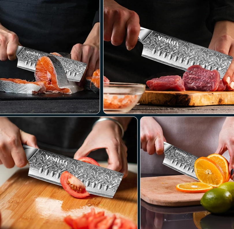 MOSFiATA 7'Nakiri Knife Damascus Professional Sharpe Chef Knife, Kitchen Knifed Damascus Steel VG-10 Blade with Ergonomic Handle Sharpener