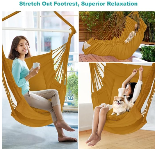 Outerman Hammock Chair, Hanging Chair with 3 Cushions and Foot Rest Support, Durable Metal Spreader Bar Max 500Lbs, Swing Chair for Bedroom, Indoor & Outdoor, Patio, Porch or Tree(Khaki)