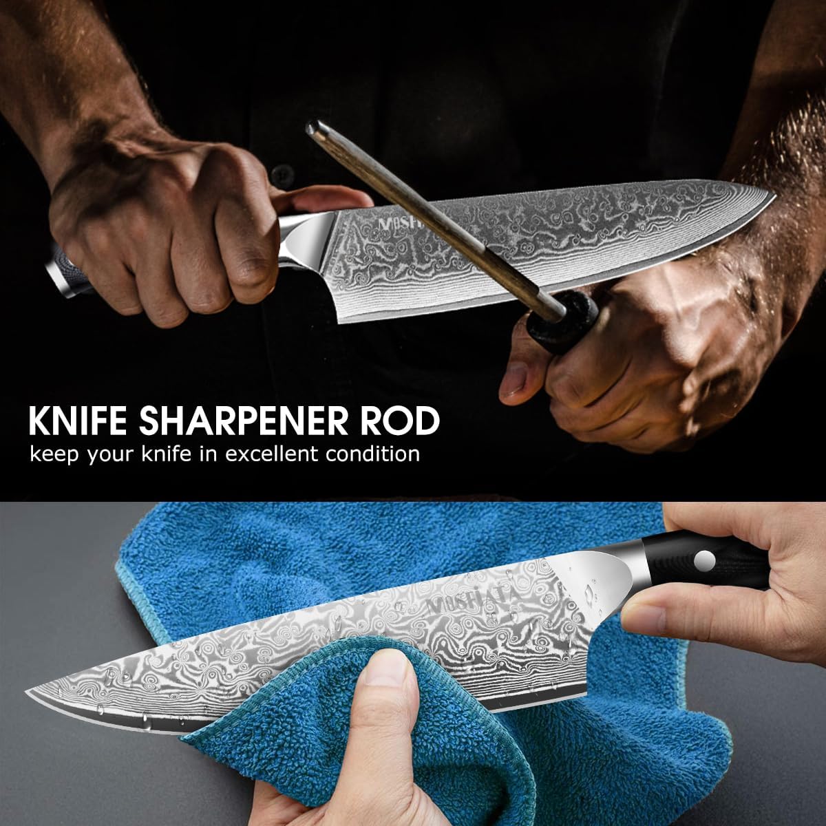 MOSFiATA Professional Damascus Chef Knife Set-3PCS, 8 ‘’Chef Knife 7”Santoku Knife and 5'Utility Knife,VG-10 High Carbon Stainless Steel with Finger Guard, Knife Sharpener Rod Gift Box