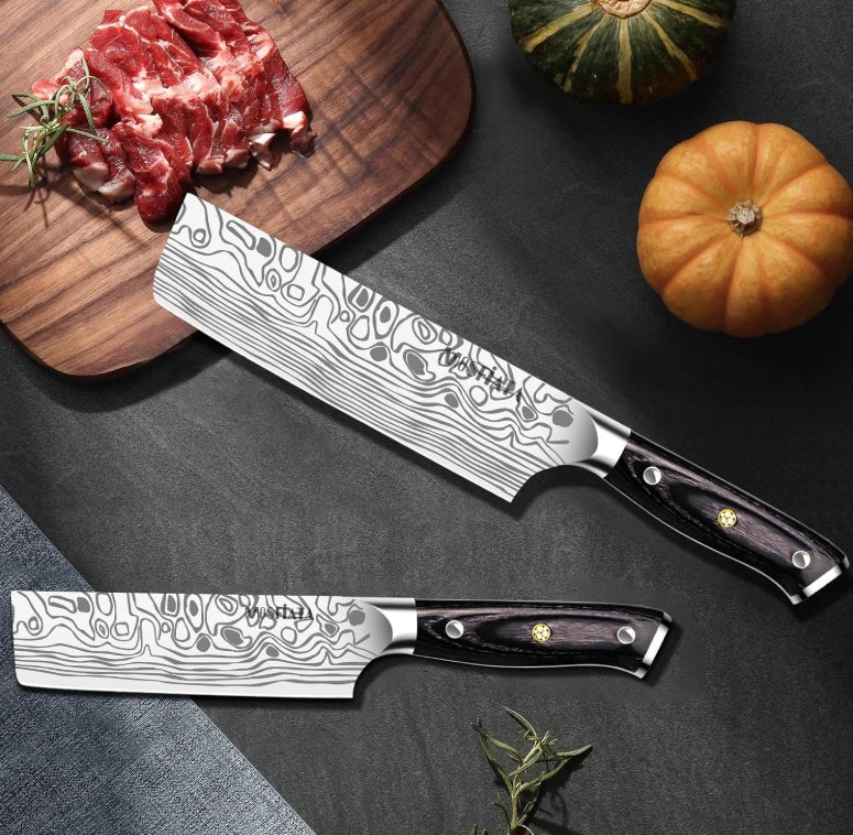MOSFiATA Nakiri Kitchen Knife, 7”&5.5" Chef Knife Set, Ultra Sharp German Stainless Steel Cleaver Cooking Knife with Ergonomic Handle Gift Box
