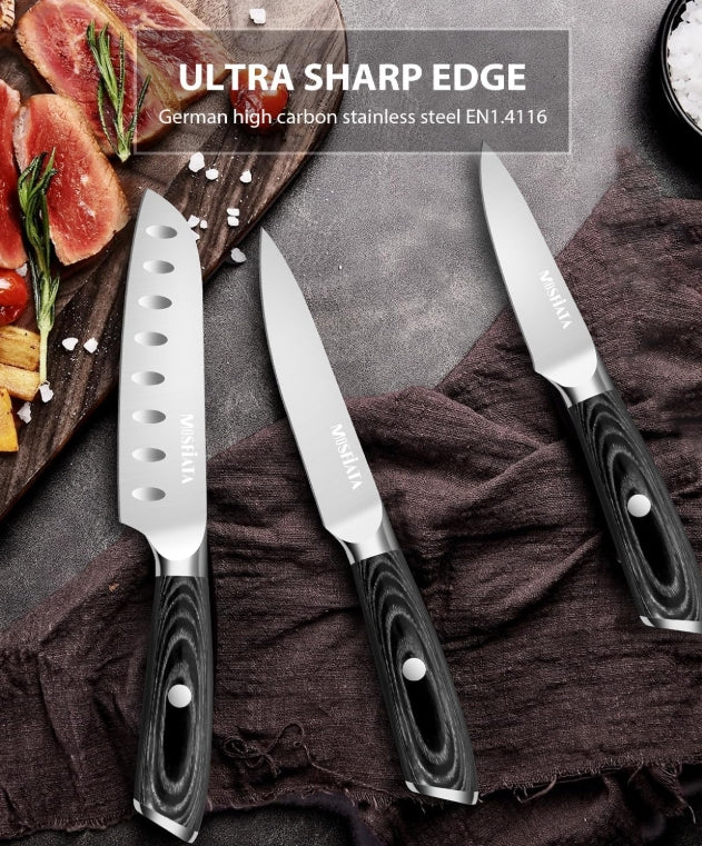 MOSFiATA 3pcs Kitchen Knife Set, Sharp Chef Knife High Carbon German EN1.4116 Stainless Steel Santoku Cooking Knife, Fruit Paring Knife Kitchen Chopping Knives Set with Wooden Handle and Gift Box