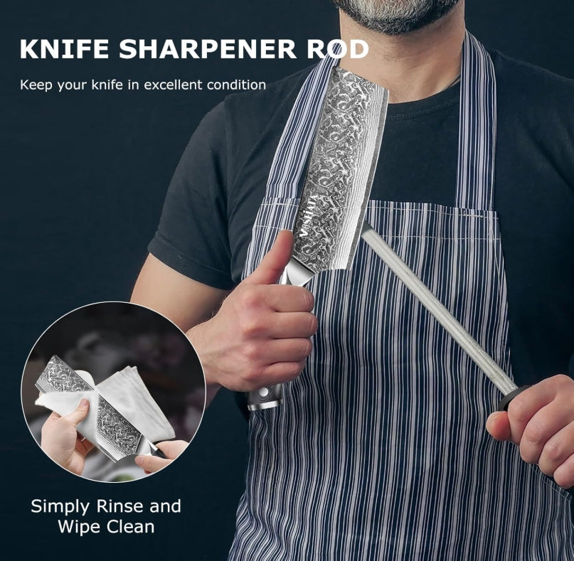 MOSFiATA 7'Nakiri Knife Damascus Professional Sharpe Chef Knife, Kitchen Knifed Damascus Steel VG-10 Blade with Ergonomic Handle Sharpener