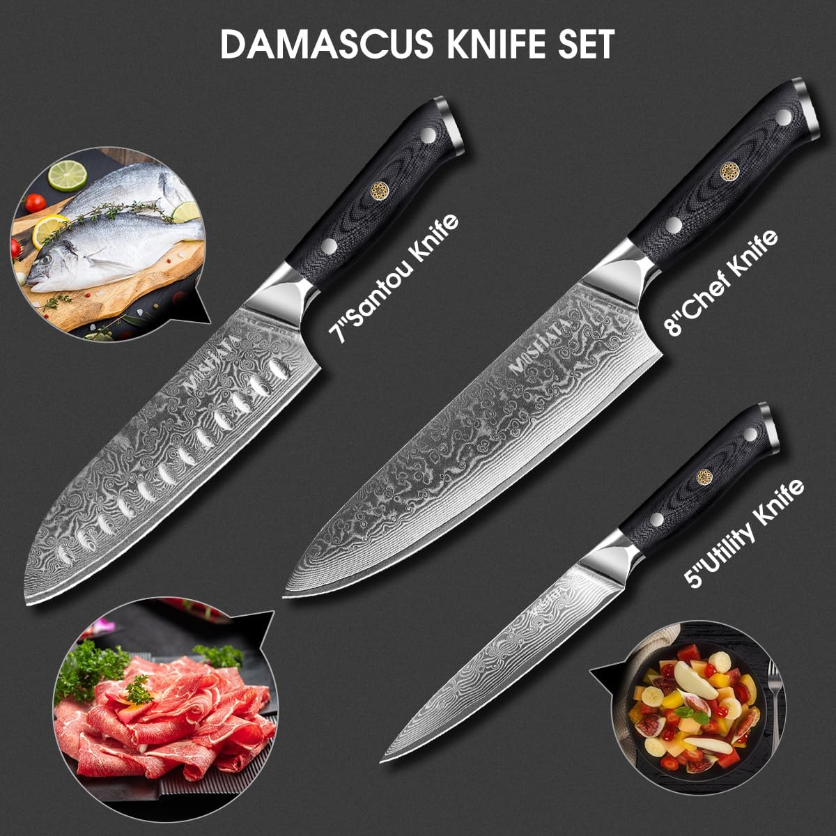 MOSFiATA Professional Damascus Chef Knife Set-3PCS, 8 ‘’Chef Knife 7”Santoku Knife and 5'Utility Knife,VG-10 High Carbon Stainless Steel with Finger Guard, Knife Sharpener Rod Gift Box