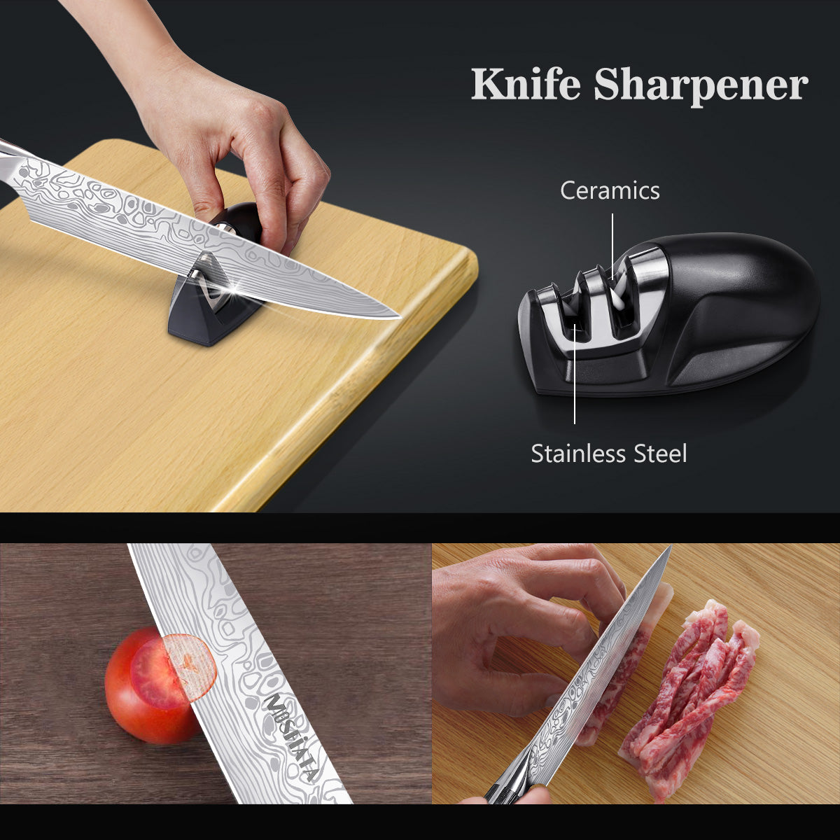 MOSFiATA 8" Chef's Knife with Finger Guard and Knife Sharpener