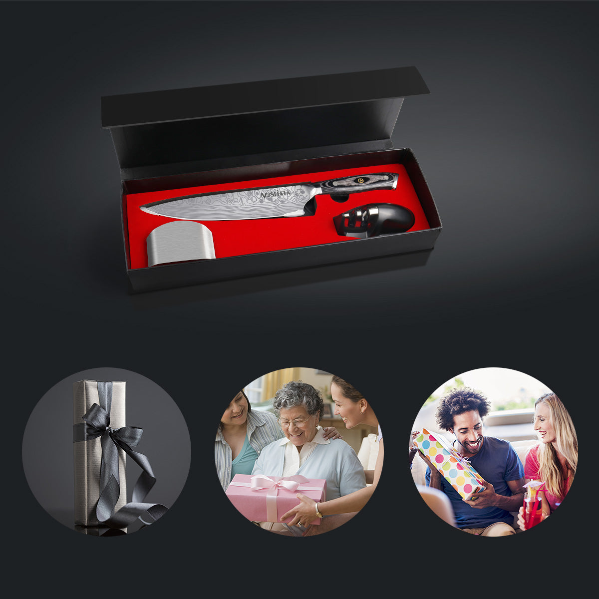 MOSFiATA 8" Chef's Knife with Finger Guard and Knife Sharpener
