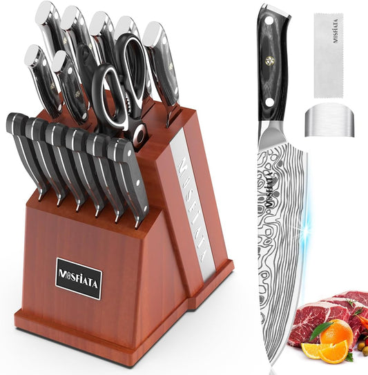 MOSFiATA Knife Set-18Pcs Kitchen Knife Set with Knife Holder &Sharpening Rod, German High Carbon Stainless Steel Chef knife set with Micarta Handle