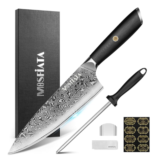 MOSFiATA Damascus Chef Knife 8", Professional Sharp Kitchen Knife 67 Layers Damascus Stainless Steel VG10 Core, Chef's Knives Chopping Cooking Knife Set with Ergonomic G10 Handle Sharpener Gift Box