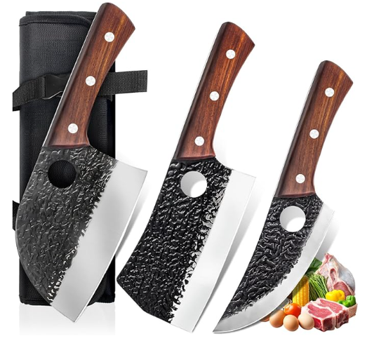 MOSFiATA 3PCS Butcher Knife Set, Hand Forged Serbian Chef Knives & Meat Cleaver & Viking Knives, Meat Cutting Kitchen Knife Set for Home
