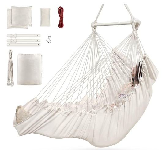 Outerman Hammock Chair, Hanging Chair with 3 Cushions and Foot Rest Support, Durable Metal Spreader Bar Max 440 Lbs, Swing Chair for Bedroom, Indoor & Outdoor, Patio, Porch or Tree（White）