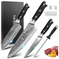 MOSFiATA Professional Damascus Chef Knife Set-3PCS, 8 ‘’Chef Knife 7”Santoku Knife and 5'Utility Knife，VG-10 High Carbon Stainless Steel with Finger Guard, Knife Sharpener Rod Gift Box
