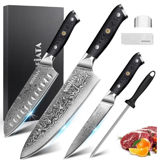 MOSFiATA Professional Damascus Chef Knife Set-3PCS, 8 ‘’Chef Knife 7”Santoku Knife and 5'Utility Knife，VG-10 High Carbon Stainless Steel with Finger Guard, Knife Sharpener Rod Gift Box