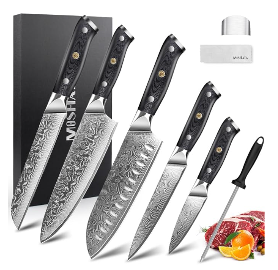 MOSFiATA Damascus Chef Knife Set 5PCS-Professional Sharp High Carbon VG10 Stainless Steel Kitchen Knife with Finger Guard, Knife Sharpener Rod Gift