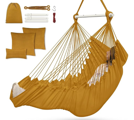 Outerman Hammock Chair, Hanging Chair with 3 Cushions and Foot Rest Support, Durable Metal Spreader Bar Max 500Lbs, Swing Chair for Bedroom, Indoor & Outdoor, Patio, Porch or Tree（Khaki）