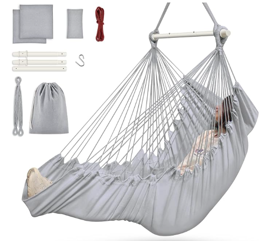 Outerman Hammock Chair, Hanging Chair with 3 Cushions and Foot Rest Support, Durable Metal Spreader Bar Max 440 Lbs, Swing Chair for Bedroom, Indoor & Outdoor, Patio, Porch or Tree（Gray）