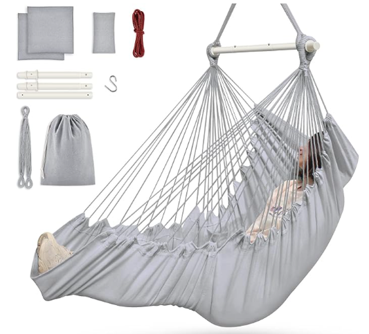 Outerman Hammock Chair, Hanging Chair with 3 Cushions and Foot Rest Support, Durable Metal Spreader Bar Max 440 Lbs, Swing Chair for Bedroom, Indoor & Outdoor, Patio, Porch or Tree（Gray）
