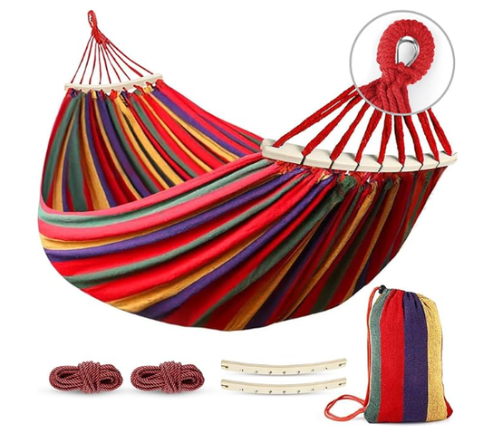 MOSFiATA Hammocks Portable Camping Hammock Upgraded 550lb Comfortable Fabric Hammock with Two Anti Roll Balance Beam and Sturdy Tree Straps for Camping, Patio, Backyard, Outdoor (Colorful Stripe)