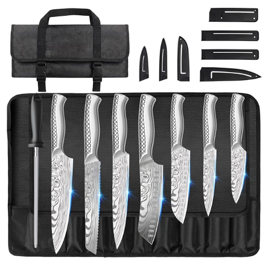 MOSFiATA Kitchen Knife Set 9 PCS with Foldable Roll Bag, Pro Stainless Steel 5Cr13MoV Ultra Sharp Santoku Knives with Honing Rod, Dishwasher Safe butcher Knife Set for Cooking Outdoor Travel