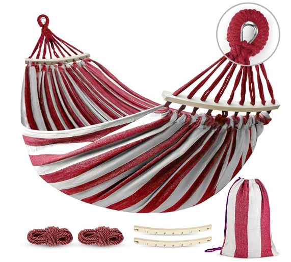MOSFiATA Hammocks Portable Camping Hammock Upgraded 550lb Thickened Fabric Single Hammocks with Two Anti Roll Balance Beam and Tree Straps for Camping, Patio, Backyard, Outdoor(Red White)