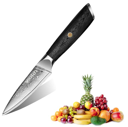 MOSFiATA Damascus Fruit Knife 4", Ultra Sharp Paring Knife, 67 Layers Damascus Steel VG10 Core Multipurpose Small Kitchen Knife Professional Peeling Knives, G10 Handle with Rivet Chef Gift
