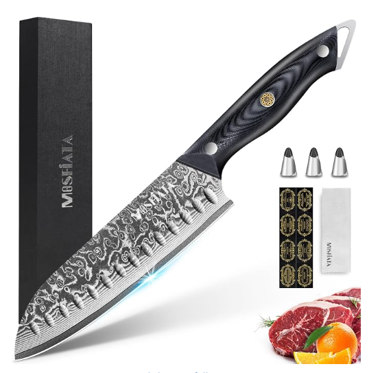 MOSFiATA Damascus 7" Santoku Knife, VG10 Core, Chef's Knife | Damascus Stainless Steel, Chopping Cooking Knife Set, G10 Handle, Sharpener, Gift Box