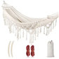 MOSFiATA Backyard Hammock with Tassels Max 500lbs Canvas Fabric Bohemian Style with Thickened Rope and Carry Bag for Outdoor, Garden, Patio, Wedding Decor (White)