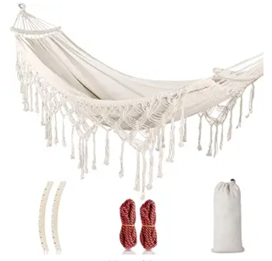 MOSFiATA Backyard Hammock with Tassels Max 500lbs Canvas Fabric Bohemian Style with Thickened Rope and Carry Bag for Outdoor, Garden, Patio, Wedding Decor (White)
