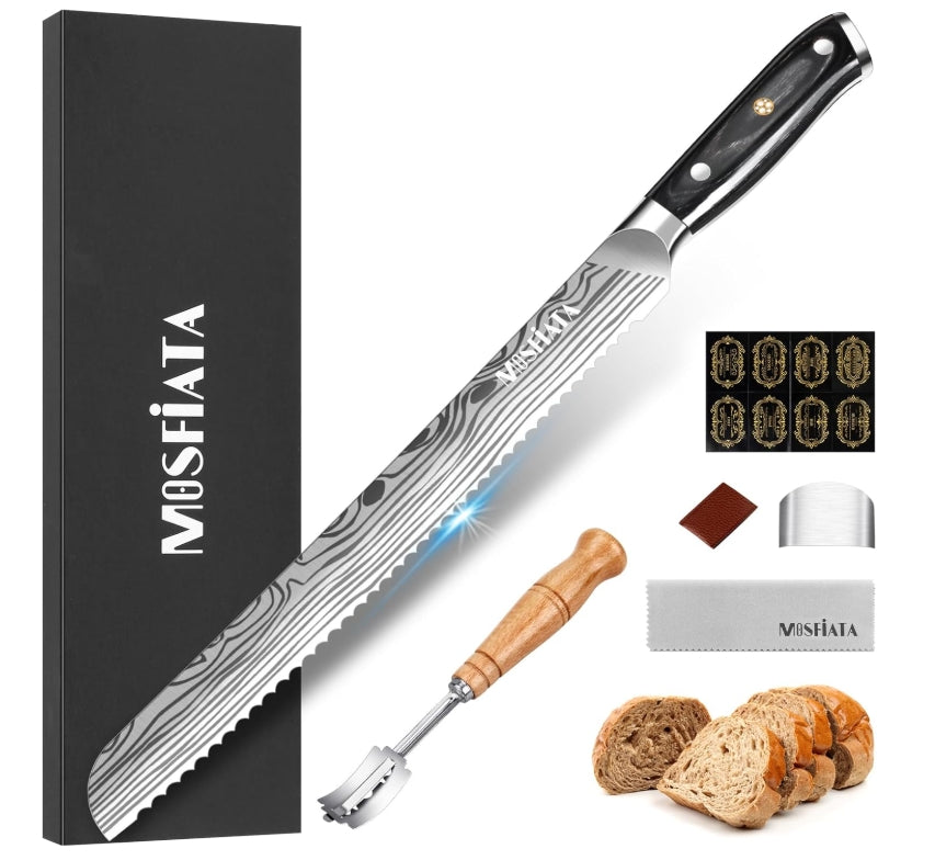 MOSFiATA Bread Knife 10.5” Ultra Sharp Knife，Long Serrations Glide Through Bread, Authentic, Handcrafted, Japanese Serrated Kitchen Knife
