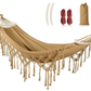 MOSFiATA Backyard Hammock with Tassels Max 500lbs Canvas Fabric Bohemian Style with Thickened Rope and Carry Bag for Outdoor, Garden, Patio, Wedding Decor (Khaki)