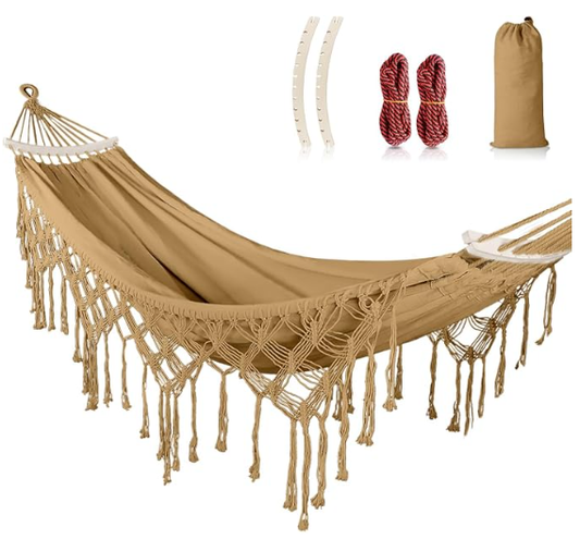 MOSFiATA Backyard Hammock with Tassels Max 500lbs Canvas Fabric Bohemian Style with Thickened Rope and Carry Bag for Outdoor, Garden, Patio, Wedding Decor (Khaki)