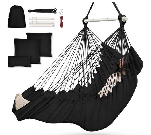 Outerman Hammock Chair, Hanging Chair with 3 Cushions and Foot Rest Support, Durable Metal Spreader Bar Max 500Lbs, Swing Chair for Bedroom, Indoor & Outdoor, Patio, Porch or Tree（Black）