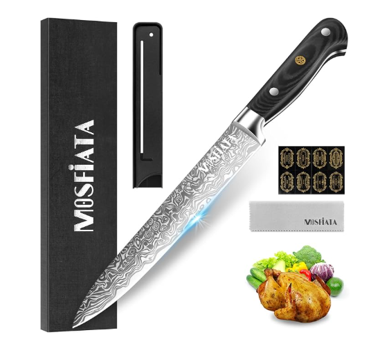 MOSFiATA 8 inch Carving Knife，Stainless Steel Brisket Slicing Knife for Meat Cutting, Razor Sharp Butcher Knife with Granton Edge for Roasts, BBQ, Turkey