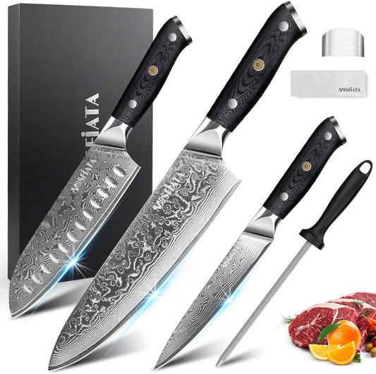 MOSFiATA Professional Damascus Chef Knife Set-3PCS, 8 ‘’Chef Knife 7”Santoku Knife and 5'Utility Knife，VG-10 High Carbon Stainless Steel with Finger Guard, Knife Sharpener Rod Gift Box