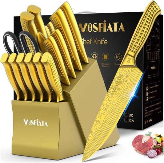 MOSFiATA Kitchen Knife Set, 17 Pcs Japanese Stainless Steel Knife Sets for Kitchen with Block with Knife Sharpening Rod, Dishwasher Safe, Gift Set,Titanium Plated Knife Block Set (Golden)