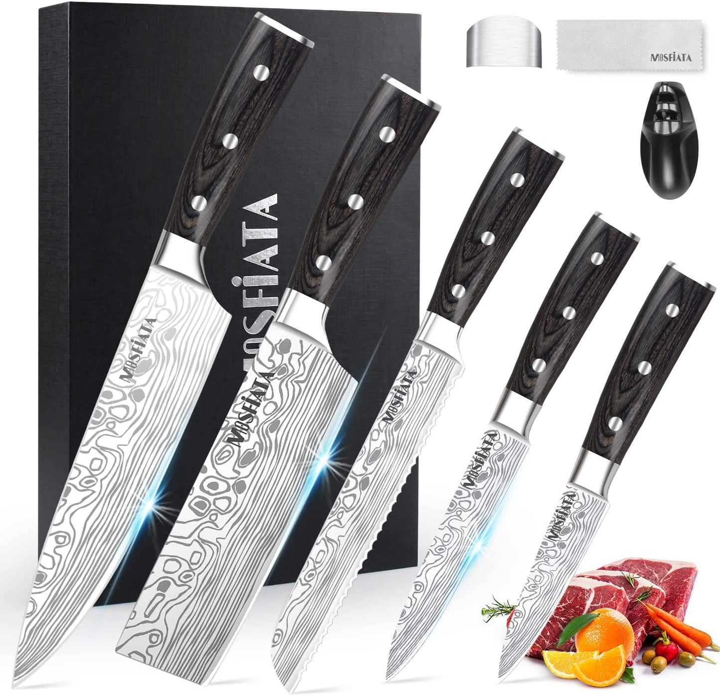 MOSFiATA 5 PCS Chef Knife Set, German High Carbon Stainless Steel Kitchen  Knife Set with Sharpener Rod，5PCS Blade Guard,Wood Handle Knives Set for  Kitchen with Gift Box - Yahoo Shopping