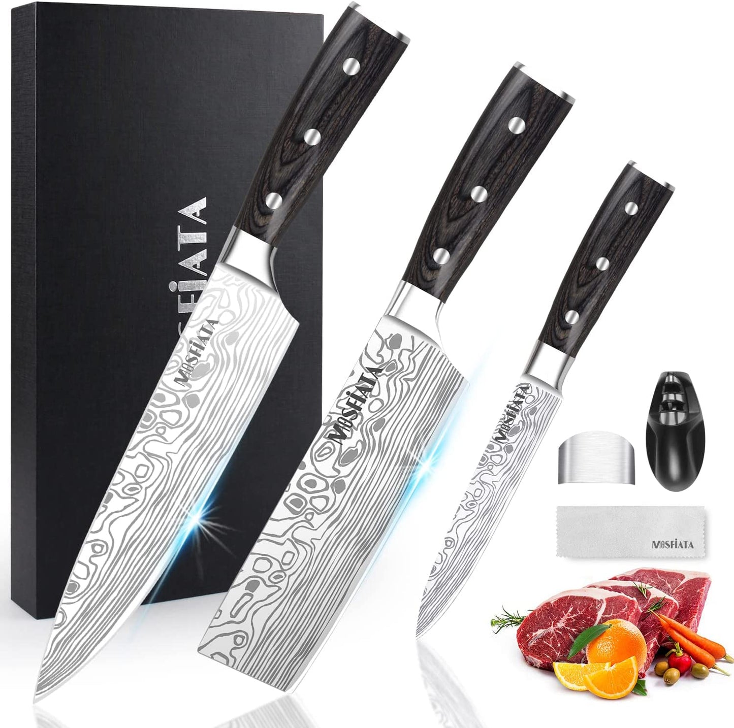 MOSFiATA Professional Chef Knife Set with German High Carbon Stainless Steel Kitchen Knife Set 3 PCS-8" Chefs Knife &7" Nakiri Knife&5" Utility Knife