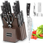 MOSFiATA 15-Piece Kitchen Knife Set with Block&Sharpening Rod, Ergonomic Handle for Chef Knife Set and Serrated Steak Knives Knife Sharpener and Kitchen Shears, Bottle Opener