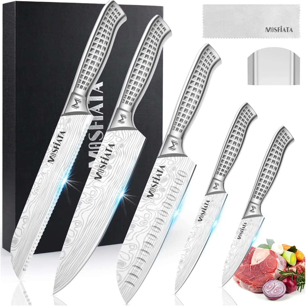 MOSFiATA 7 Piece Kitchen Knife Set, Ultra Sharp Knife Set with High Carbon Stainless Steel Handle, Knives Set for Kitchen, Chef Knife Set Come with Gift Box