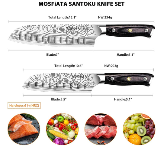 MOSFiATA 7" Santoku Knife with 5.5inch Santoku Knife, German High Carbon Stainless Steel EN.4116
