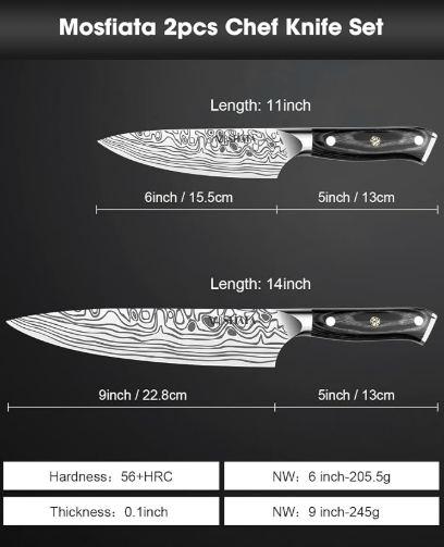 MOSFiATA 2Pcs Chef Knife Set, Sharp Kitchen Knife High Carbon German EN1.4116 Stainless Steel Cooking Knife, 9"&6" Chopping Knife Kitchen Knives Set with Ergonomic Handle, Gift Box