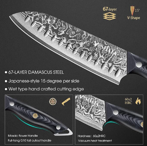 MOSFiATA Damascus 7" Santoku Knife, VG10 Core, Chef's Knife | Damascus Stainless Steel, Chopping Cooking Knife Set, G10 Handle, Sharpener, Gift Box