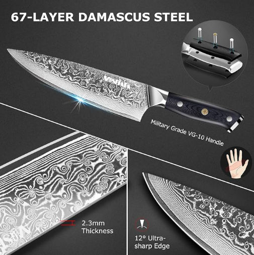 MOSFiATA Damascus Chef Knife Set 5PCS-Professional Sharp High Carbon VG10 Stainless Steel Kitchen Knife with Finger Guard, Knife Sharpener Rod Gift