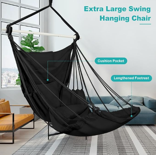 Outerman Hammock Chair, Hanging Chair with 3 Cushions and Foot Rest Support, Durable Metal Spreader Bar Max 500Lbs, Swing Chair for Bedroom, Indoor & Outdoor, Patio, Porch or Tree（Black）