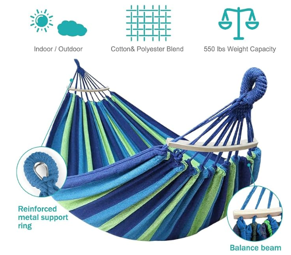 MOSFiATA Hammocks Portable Camping Hammock Upgraded 550lb Comfortable Fabric Hammock with Two Anti Roll Balance Beam and Sturdy Tree Straps for Camping, Patio, Backyard, Outdoor （Blue Green）