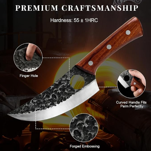 MOSFiATA 3PCS Butcher Knife Set, Hand Forged Serbian Chef Knives & Meat Cleaver & Viking Knives, Meat Cutting Kitchen Knife Set for Home