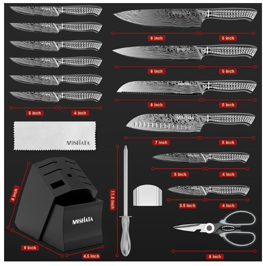 MOSFiATA Kitchen Knife Set, 17 Pcs Japanese Stainless Steel Knife Sets for Kitchen with Block with Knife Sharpening Rod, Dishwasher Safe, Titanium Plated Knife Block Set (Gray)