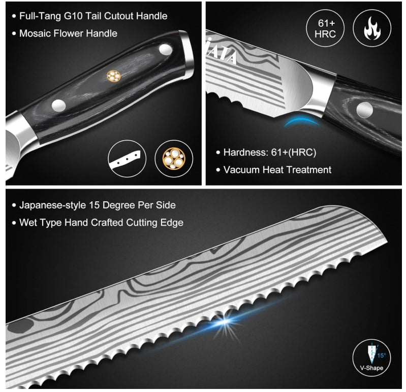 MOSFiATA Bread Knife 10.5” Ultra Sharp Knife，Long Serrations Glide Through Bread, Authentic, Handcrafted, Japanese Serrated Kitchen Knife