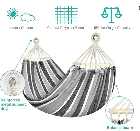 MOSFiATA Hammocks Portable Camping Hammock Upgraded 550lb Comfortable Fabric Hammock with Two Anti Roll Balance Beam and Sturdy Tree Straps for Camping, Patio, Backyard, Outdoor（Grey）
