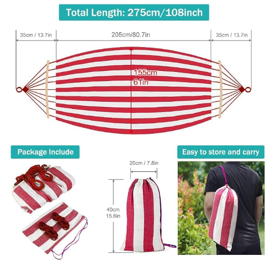 MOSFiATA Hammocks Portable Camping Hammock Upgraded 550lb Thickened Fabric Single Hammocks with Two Anti Roll Balance Beam and Tree Straps for Camping, Patio, Backyard, Outdoor(Red White)