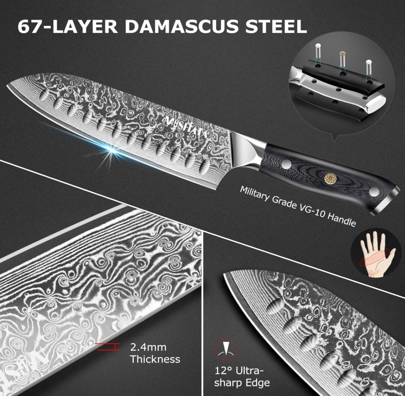 MOSFiATA Chef Knife,Kitchen Knife Santoku Chef's Knife 7 inch Multifunction Kitchen Knives Damascus Steel VG-10 Blade,Knife Sharpener Rod Gift Box