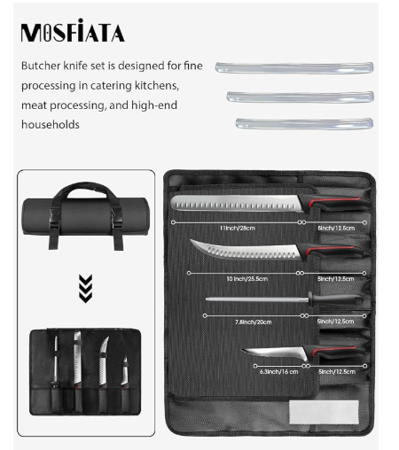 MOSFiATA 5 PCS Chef Knives with Roll Bag, Sharp Stainless Steel Kitchen Knife for Cutting Meat, Fruits & Vegetables, Practical Gifts Knife Set for Women Men Cooking Lovers
